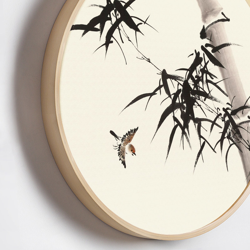 竹子茶舍形墙圆形国画水墨竹叶新中式禅意装饰画现代装饰画