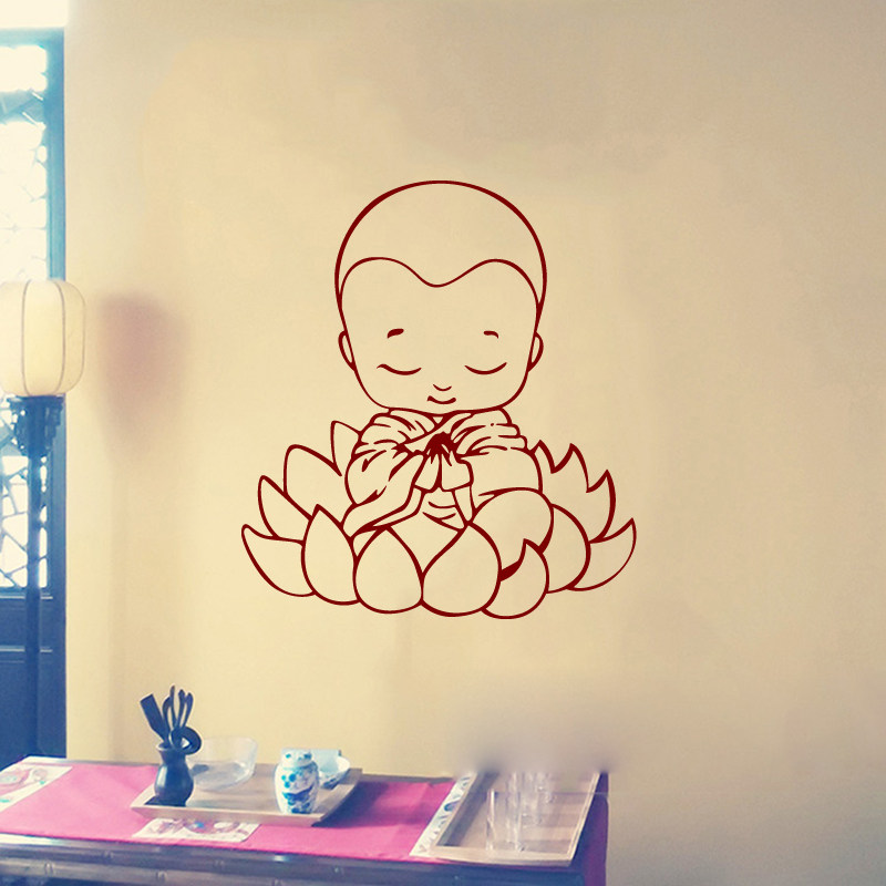 中式小和尚打坐念经贴纸佛堂寺院书房禅意佛教墙贴