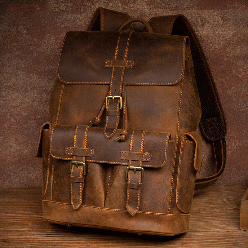 背包mantime复古潮疯马皮手工真皮双肩包男包包头双肩背包