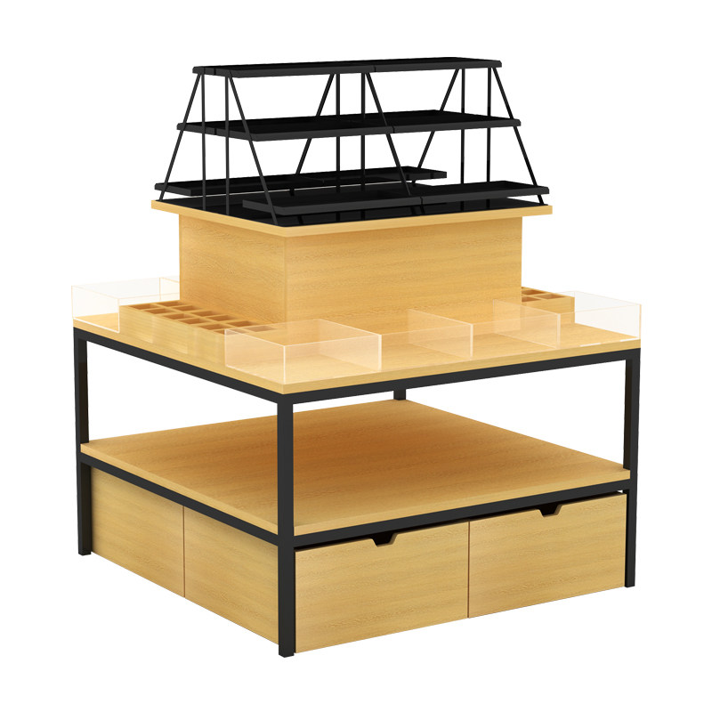 货架名创优品彩妆梯形流水展示台化妆品展示架钢木商用展示柜