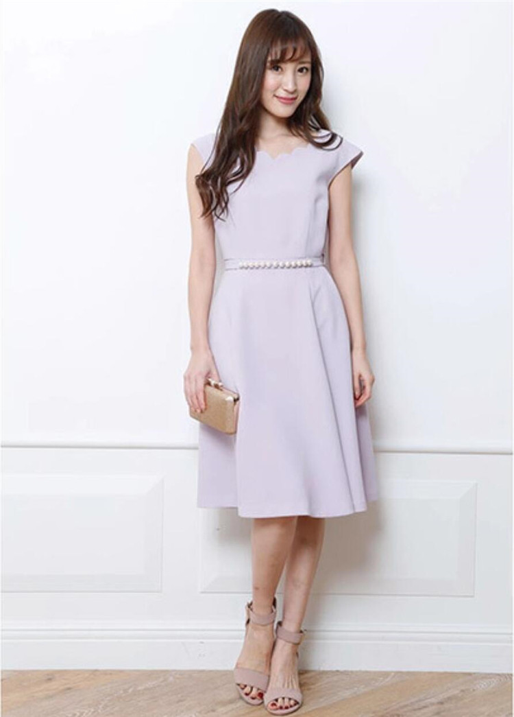 日系贵牌三千金 短袖月牙花瓣领收腰连衣裙浅色长裙_连衣裙_女装/女士