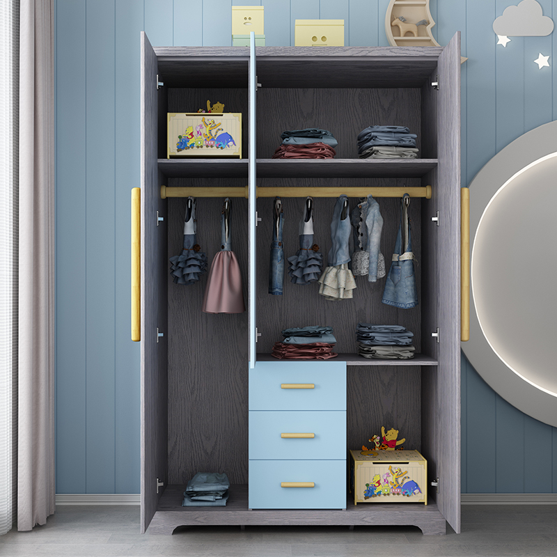 儿童衣柜现代简约实木组装三门男孩小户户型衣橱衣柜
