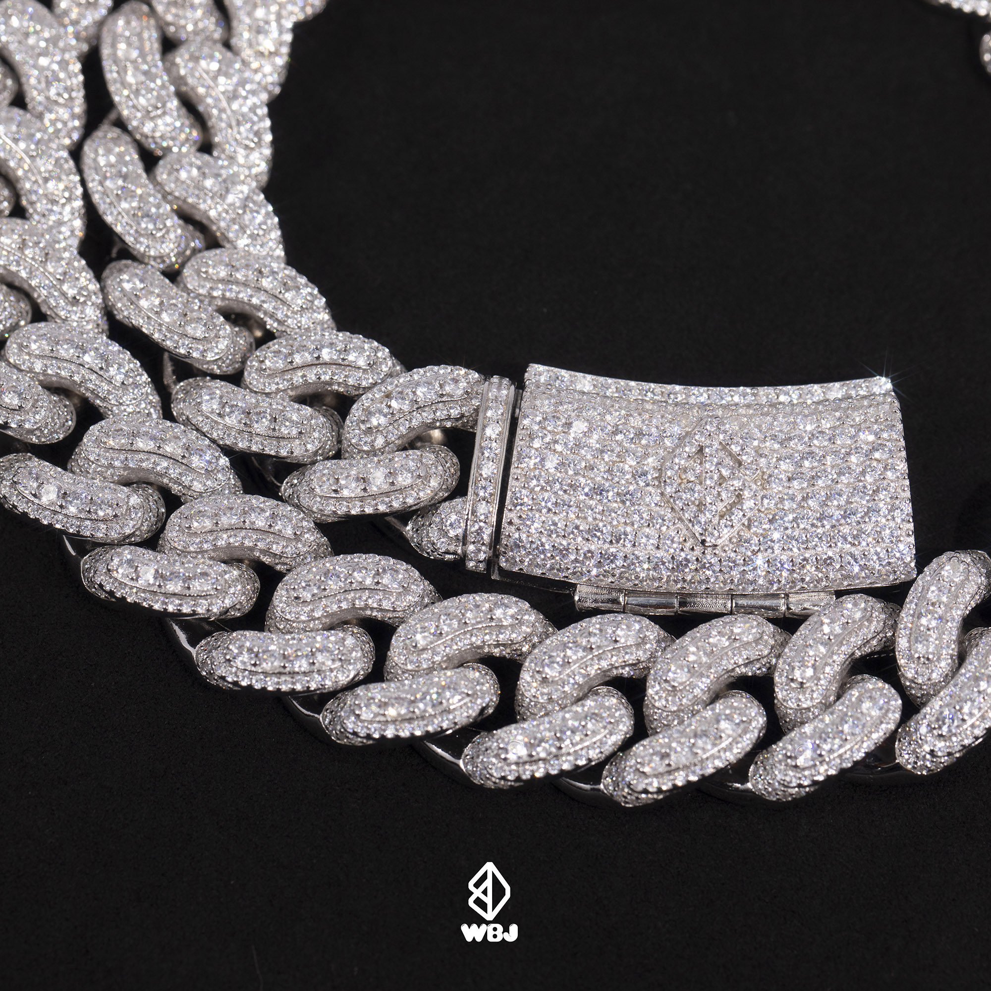 wbj定制珠宝16mm双层古巴链925银满镶嵌厚重古巴包邮手工镶嵌镀金