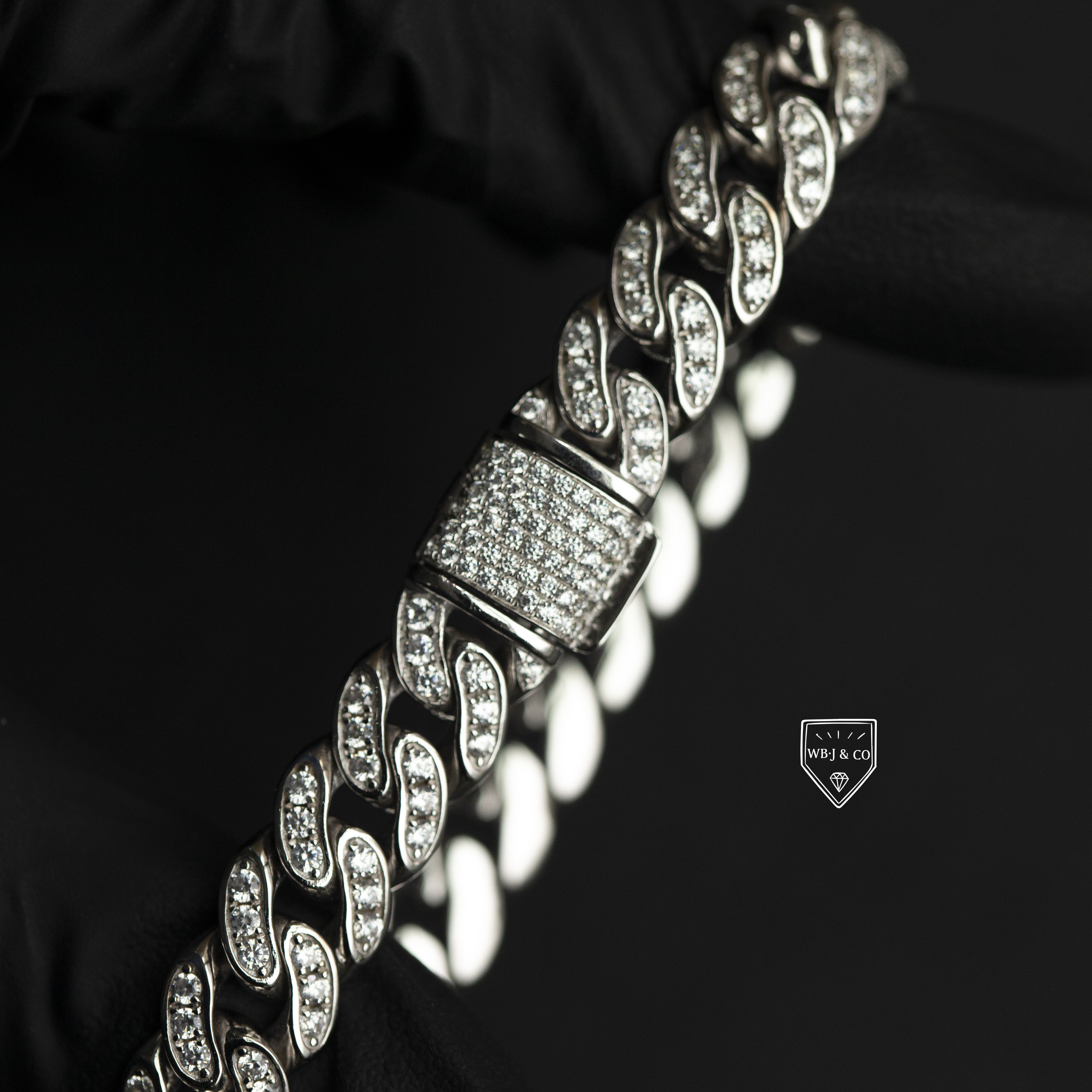 古巴手链wbj定制珠宝纯银10mm单排镶嵌hiphop手链