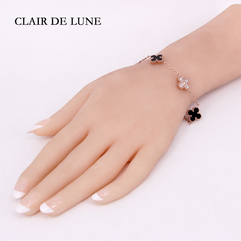 clairdelune双面镶钻贝母玛瑙四叶草女士项链项链