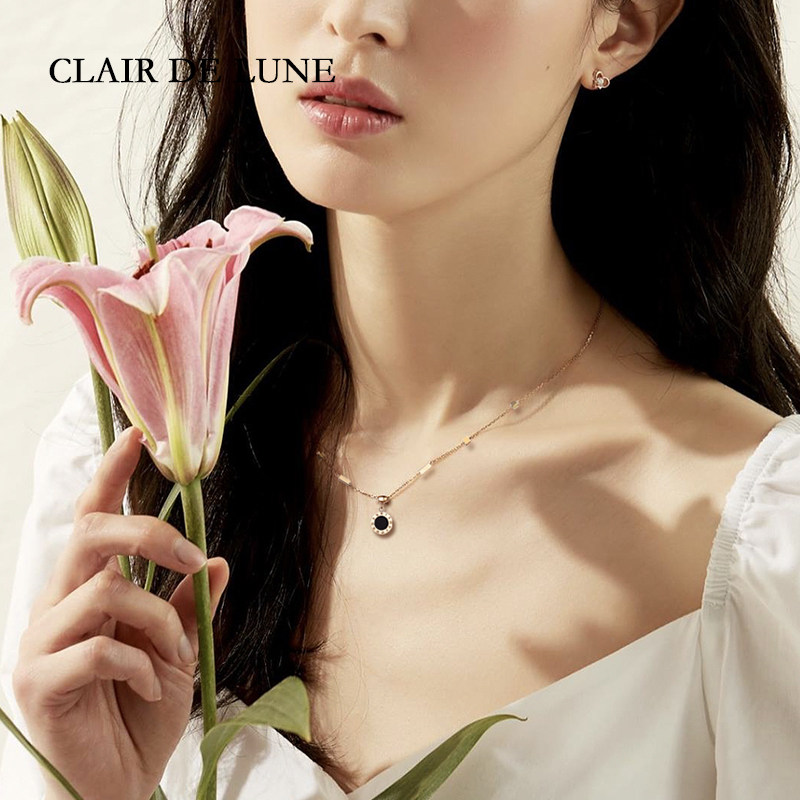 clair de lune 简约气质罗马纹黑玛瑙玫瑰金女项链