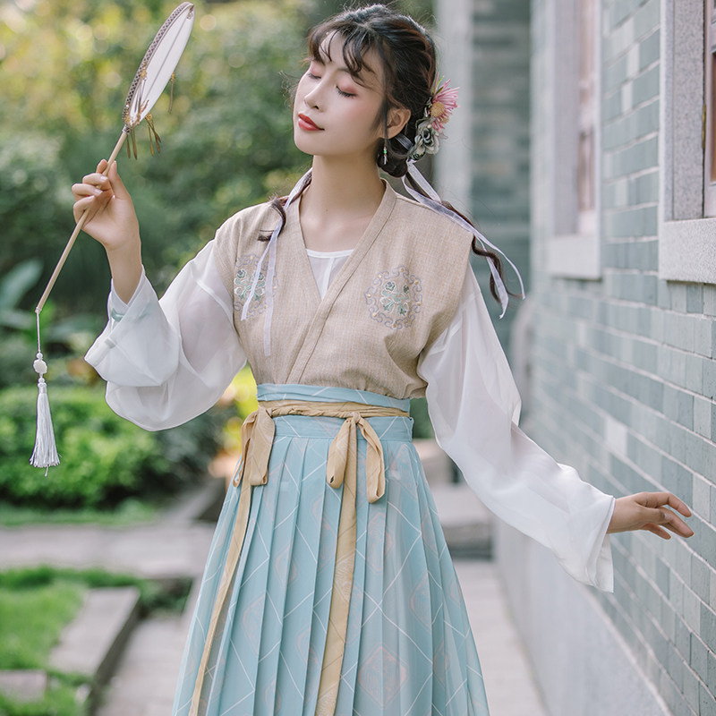 花笑汝/玉如意/唐制唐褙子汉服敦煌团花印花对襟齐腰襦裙一片式夏