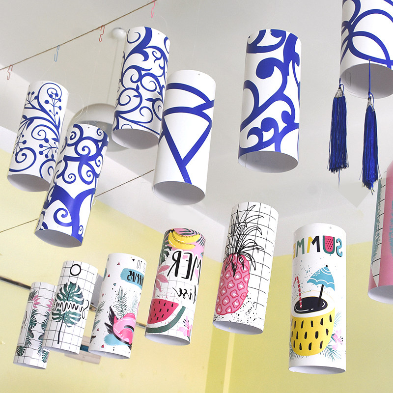 创意青花卡通夏日小清新圆纸筒卡纸吊饰幼儿园学校空中吊饰