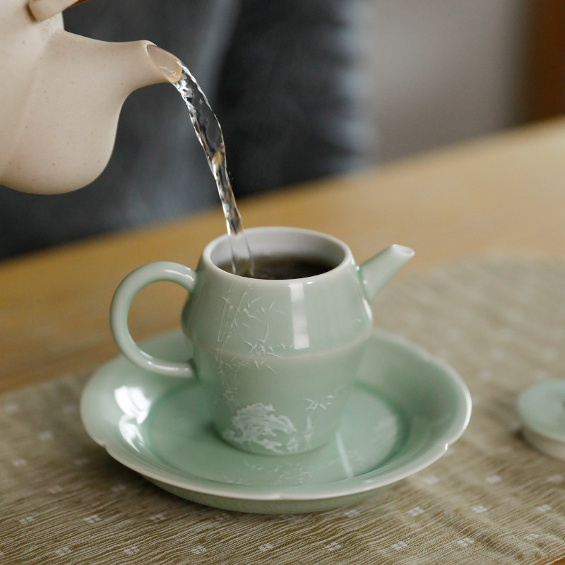 素直清可轩梅子青堆白手绘单壶(竹)110ml景德镇手工