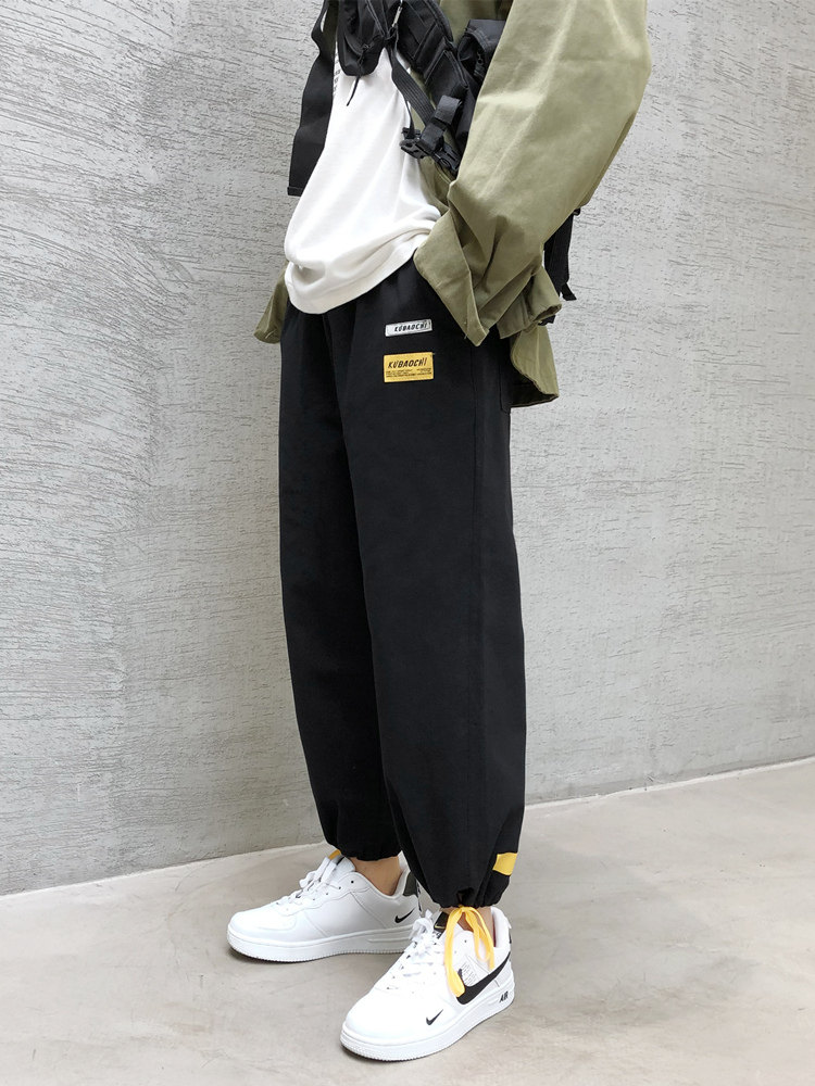 抖音裤子ins宽松抽绳束脚裤男韩版网红工装休闲裤