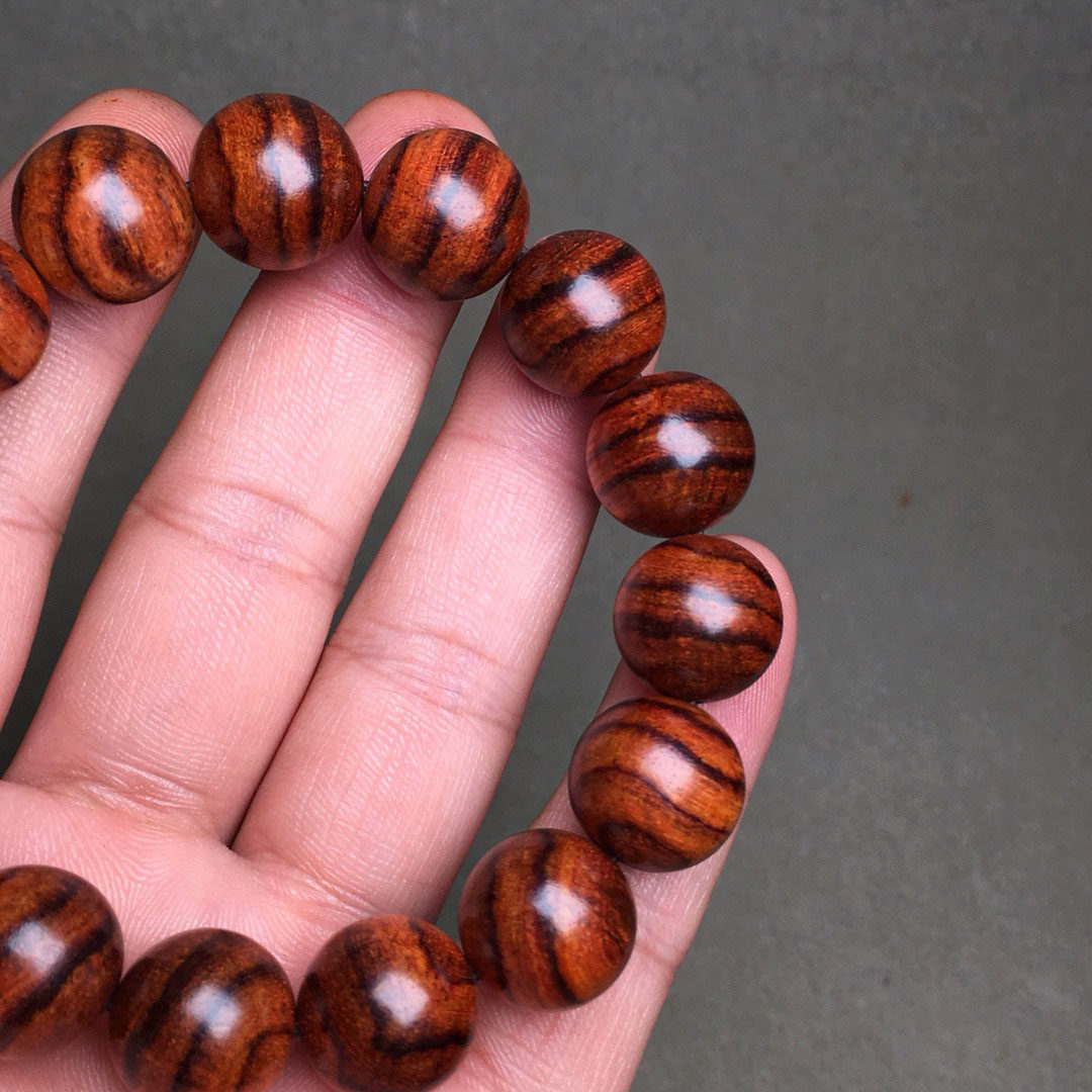 又见海南黄花梨手串男1.5海黄花梨顺纹虎皮佛珠念珠降香黄檀手链