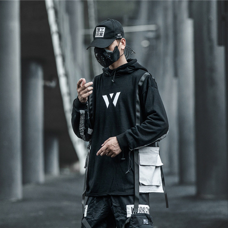 狼獾工业秋款国潮工装可拆卸口袋上衣暗黑机能风套头束带卫衣男女