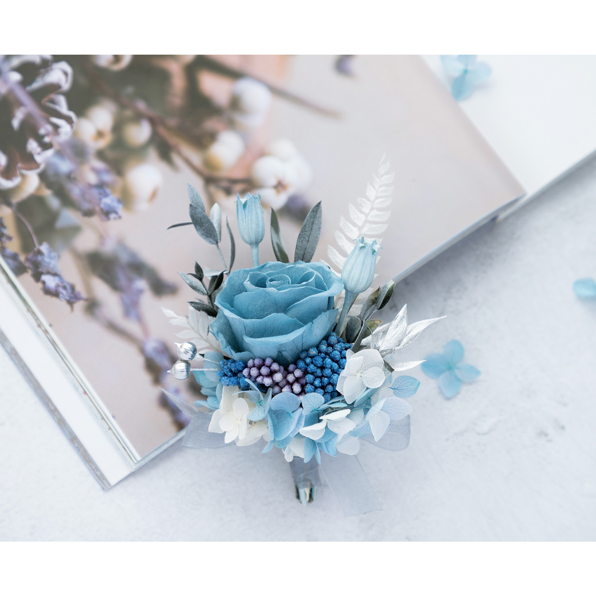 新郎结婚胸花永生花雾霾蓝色真花玫瑰婚礼胸针胸花