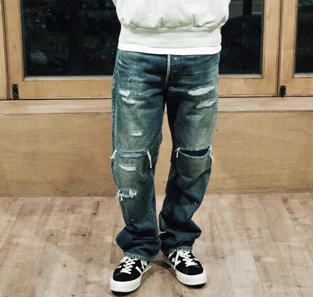 工装飞行员visvimdamaged17破坏水洗泼墨补丁赤耳牛仔牛仔裤