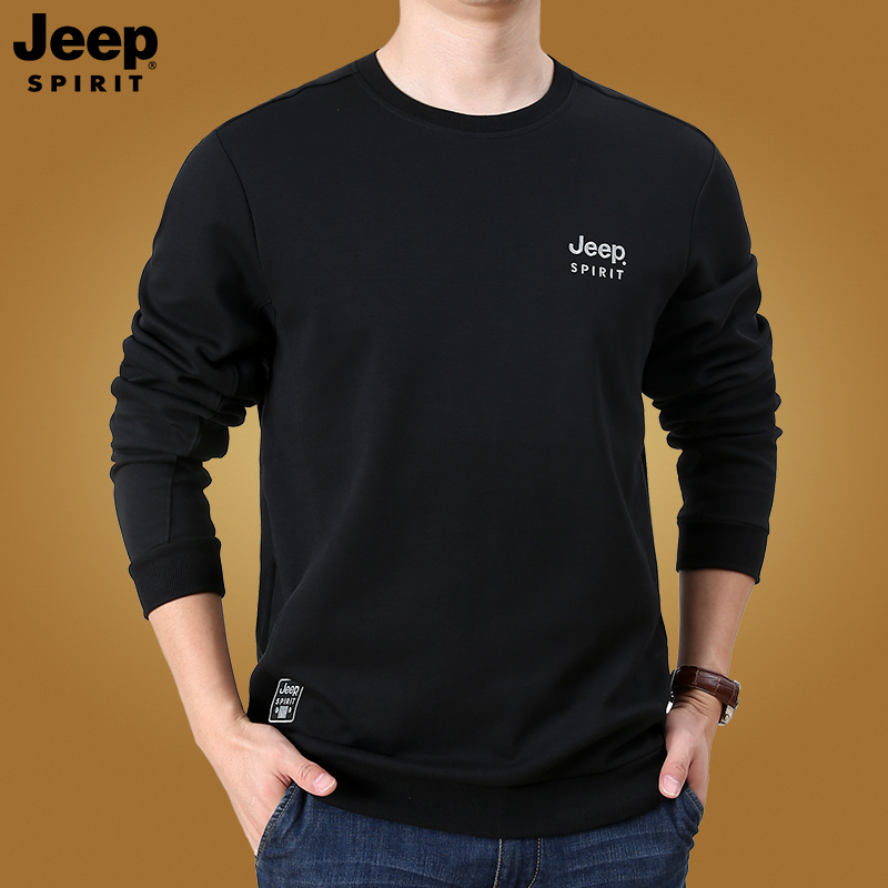 JEEP吉普卫衣男春秋季新款纯棉宽松大码男装纯色运动休闲长袖t恤
