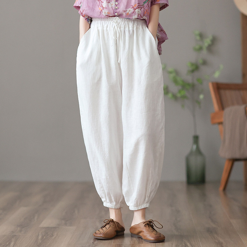 高腰显瘦白色阔腿棉麻裤子女士2022春夏新款宽松直筒裤亚麻哈伦裤