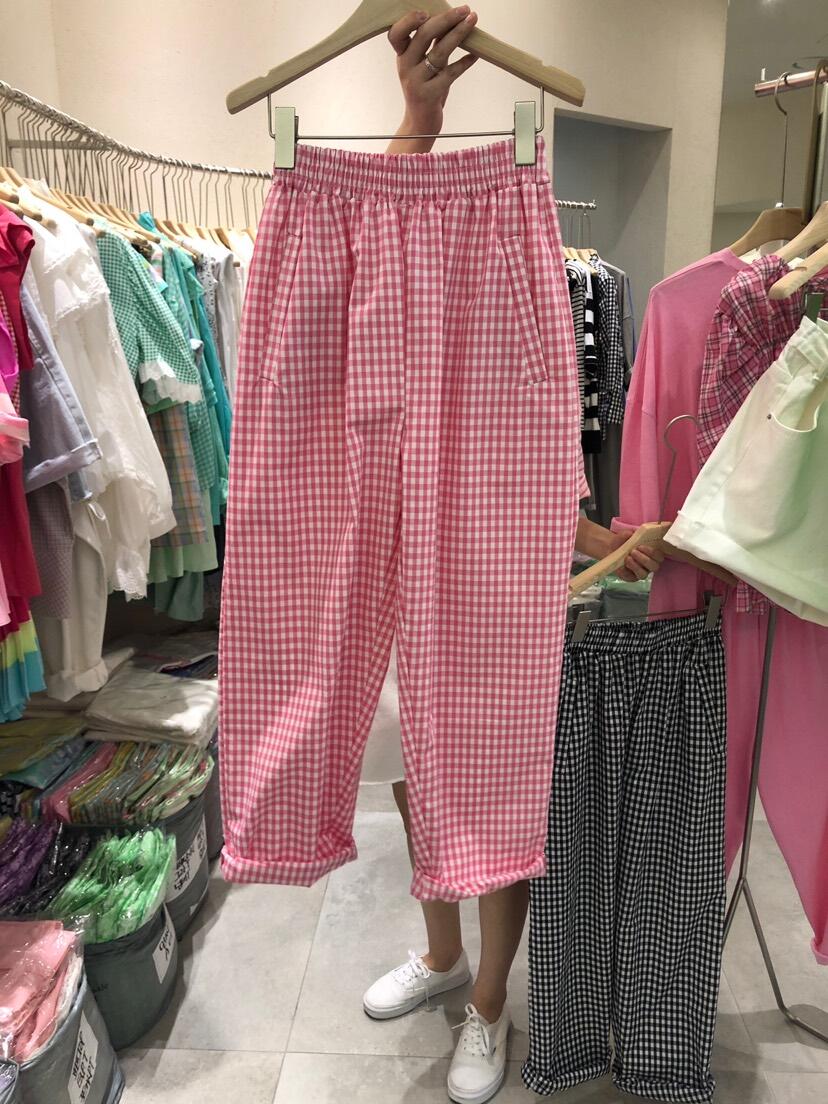 韩国东大门2022夏季新款松紧腰宽松百搭格子哈伦裤休闲九分裤子女