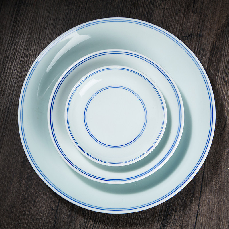 双线蓝边景德镇菜盘圆形中式陶瓷网红盘子家用盘