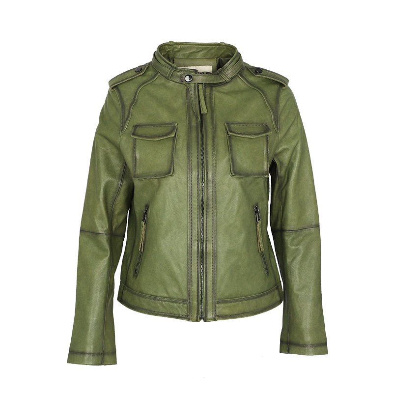leemonsan立体皮衣口袋方口袋机车绿色复古新款春季皮衣
