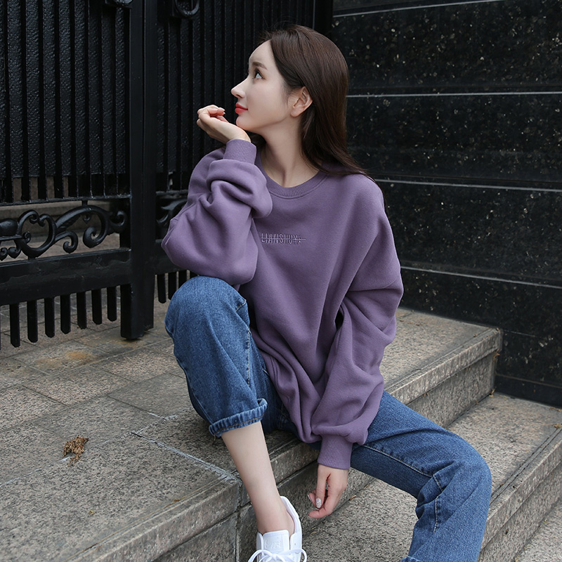 卫衣女宽松韩版圆领2021新款紫色无帽短款加绒女春秋冬加厚潮ins