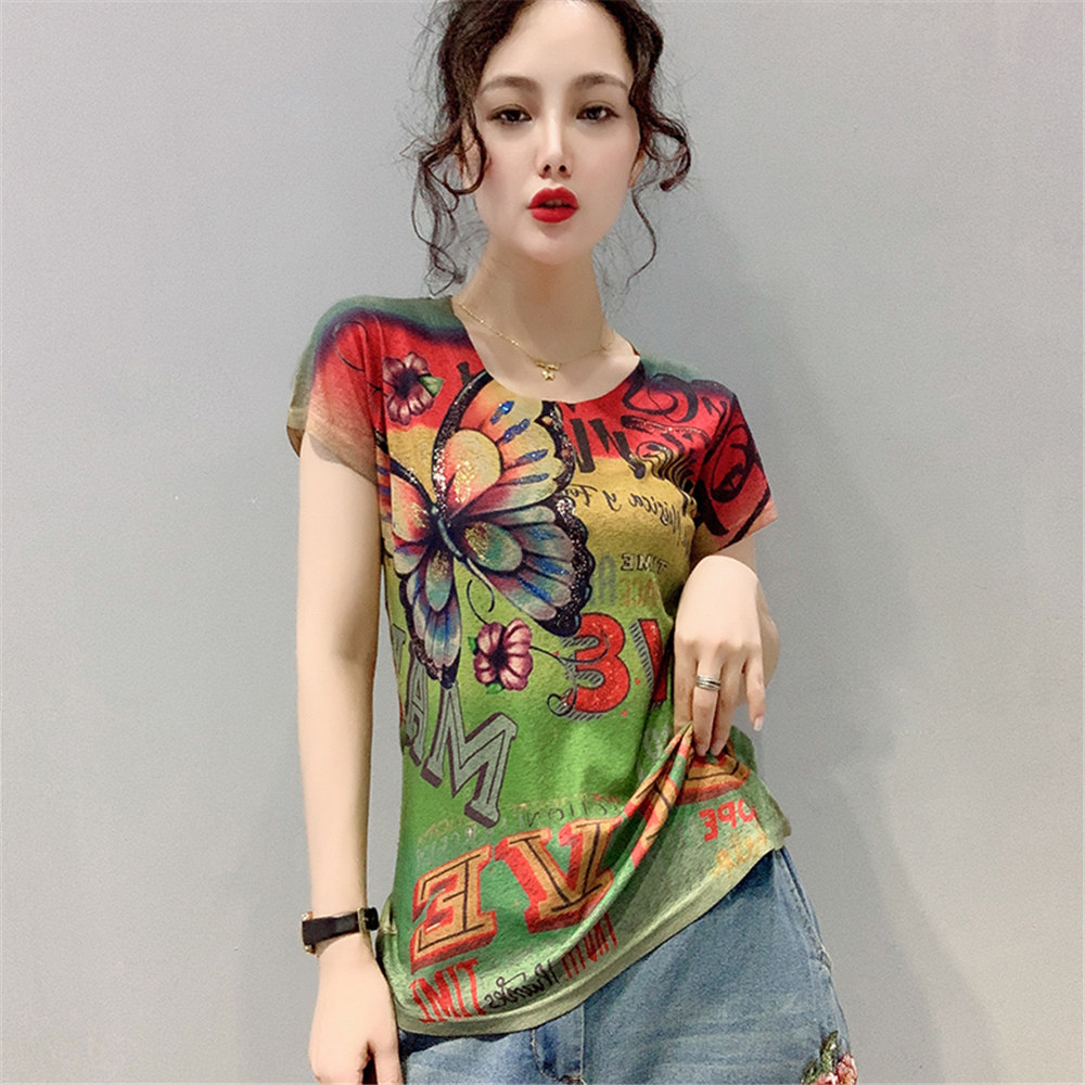 2021夏装新款重工烫金短袖时尚印花花上衣服t恤
