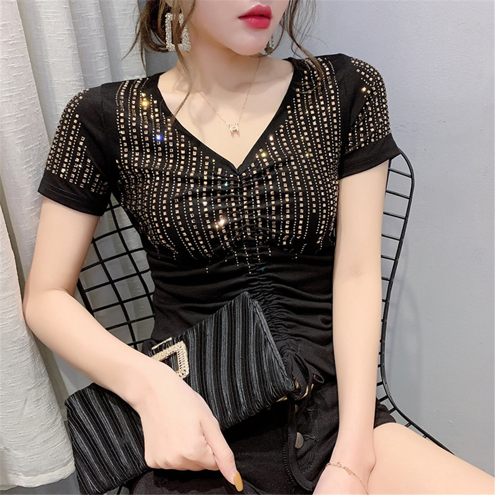 重工恤女短袖时尚衣服小衫镶钻抽绳洋气新款t恤