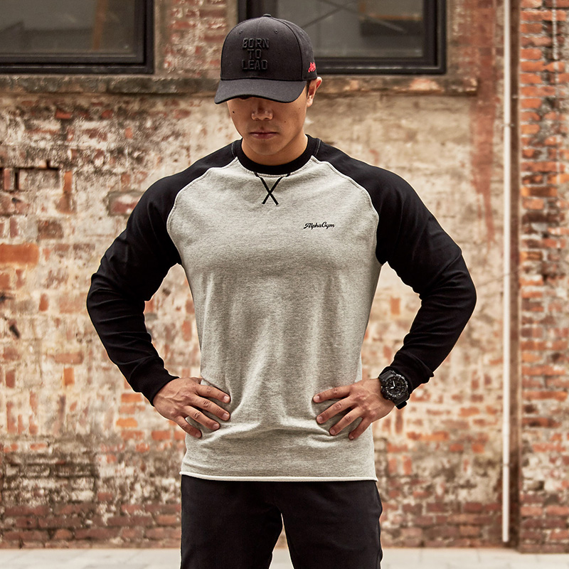 AlphaGym复古拼色插肩袖长袖t恤经典舒适上衣运动休闲健身卫衣男