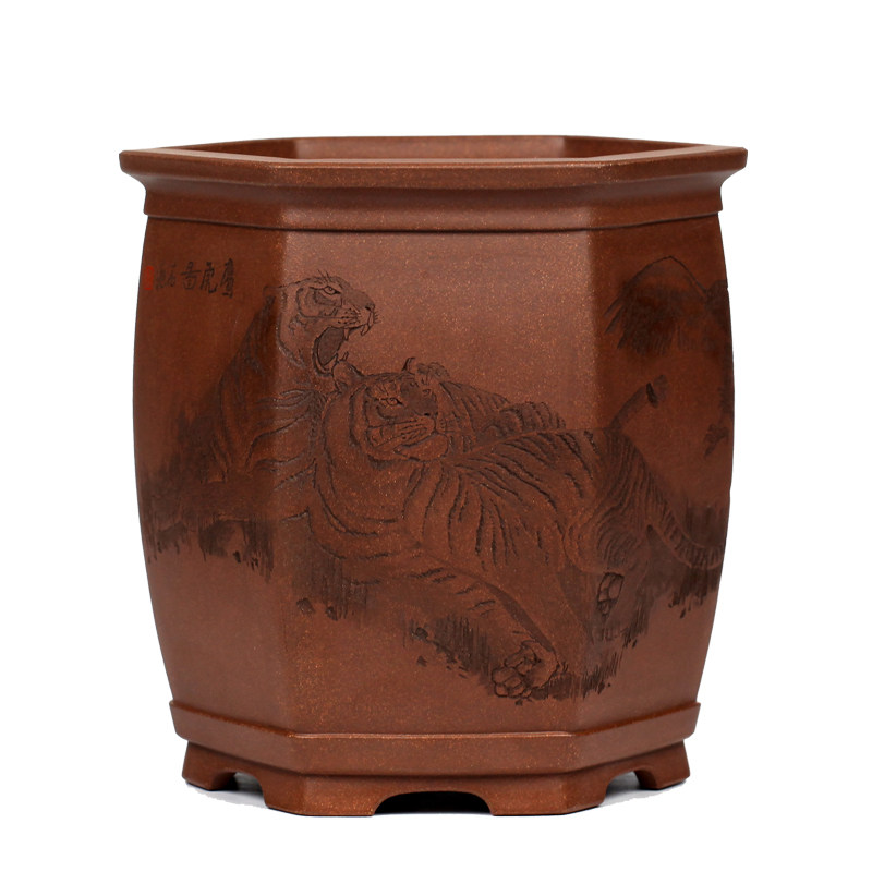 尚扣雅奢宜兴精品手工紫砂石痕刻绘鹰虎图六方花盆
