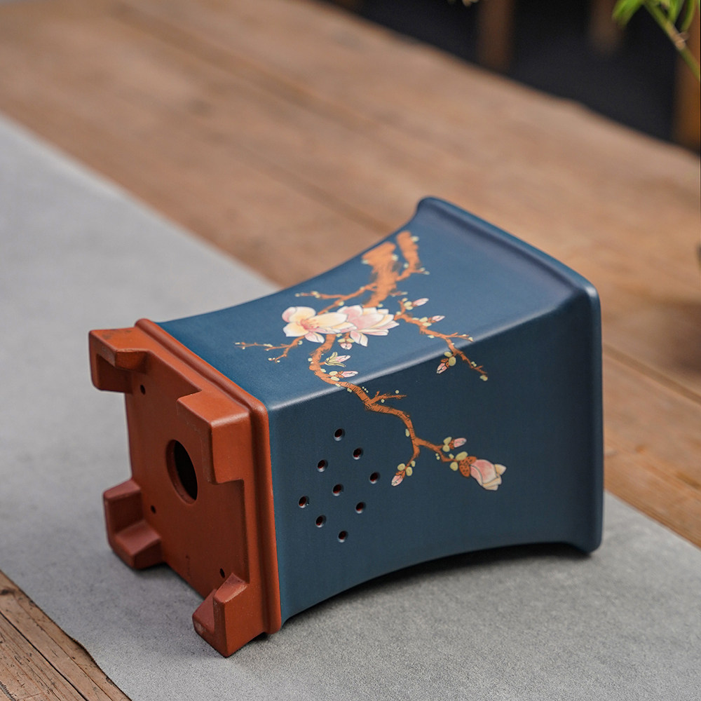 尚扣紫砂工笔彩绘束腰四方手工桌面春兰花盆花盆