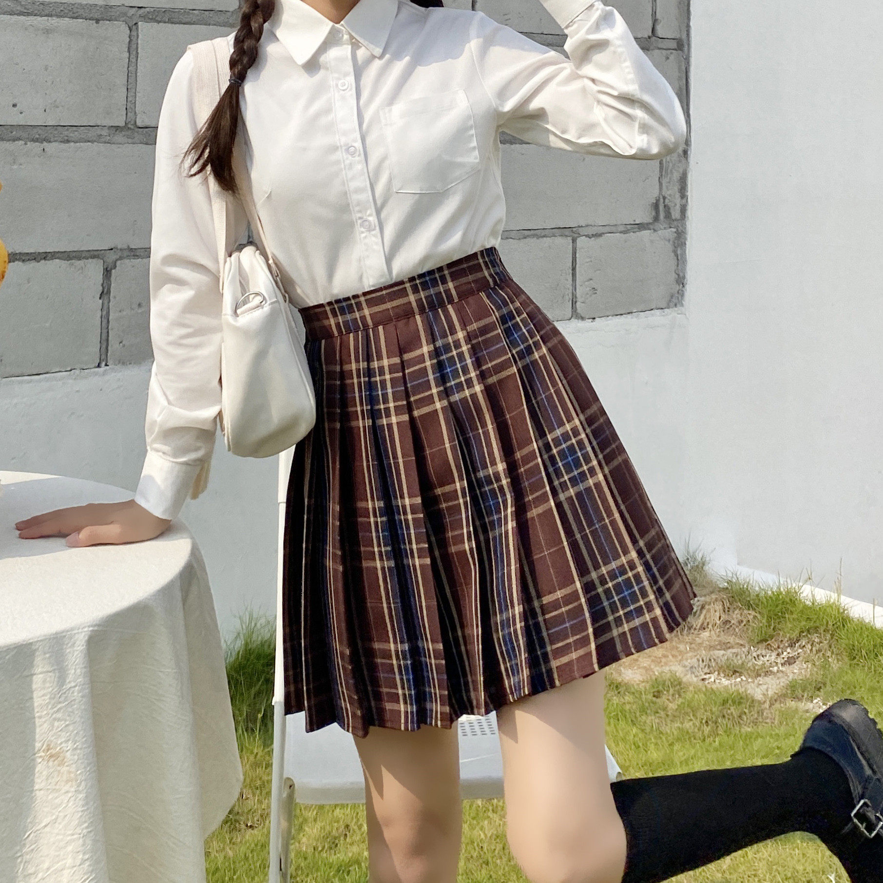 秋冬校供字裙高腰半身学院猪肝百褶裙格裙制服半身裙