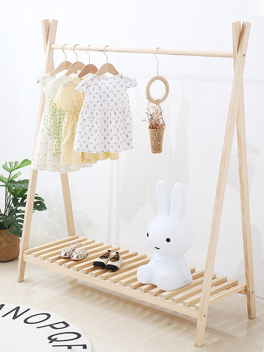 衣架实木儿童落地幼儿园装服衣帽架ins日系小孩落地衣帽架