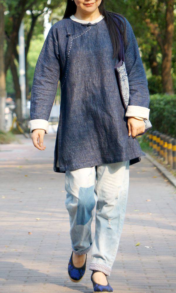 笑红尘【柜中缘】原创中式古朴蓝色色织亚麻中式大襟上衣春秋