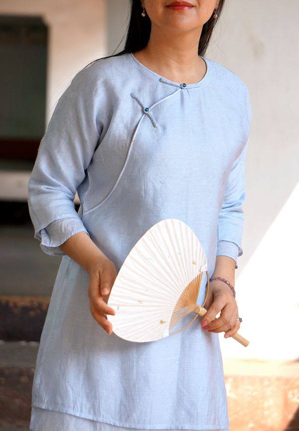 蓝田玉暖【柜中缘】原创复古i飘逸淡蓝双层中式大襟衫子上衣