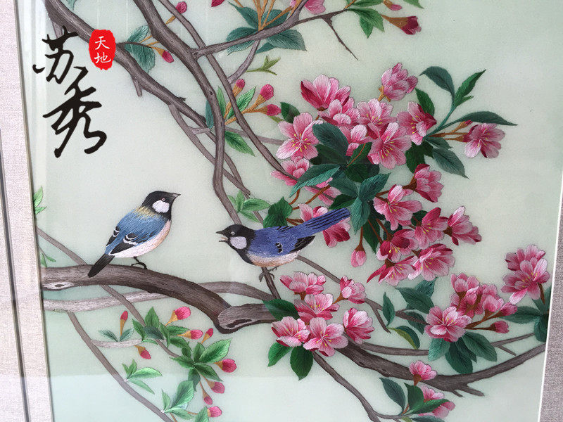 苏秀天地 苏绣刺绣手工桃花花鸟 客厅卧室玄关书房装饰壁画挂画