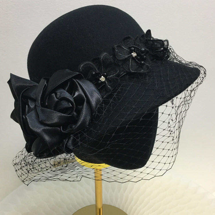 黑色网纱礼帽秋冬英伦复古百搭渔夫帽羊毛呢帽子