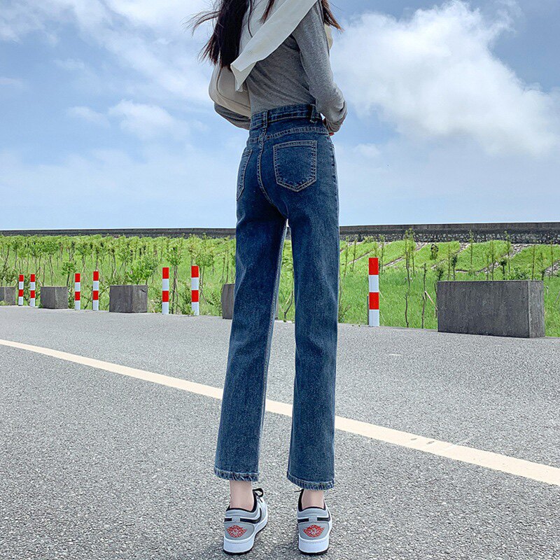 网红九分直筒裤女秋冬款韩版高腰显瘦外穿百搭弹力烟管牛仔裤女