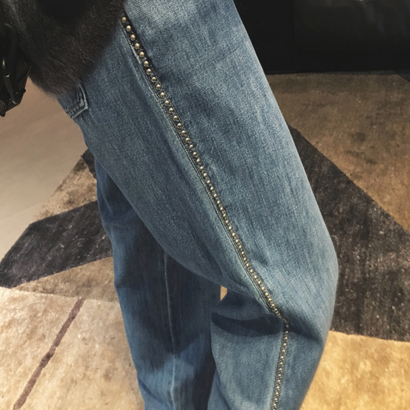 蓝色钉珠牛仔裤女2022秋冬新款高腰显瘦直筒裤百搭宽松阔腿长裤潮