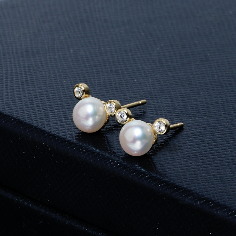 mikimoto御木本简约可爱米老鼠耳钉锆石s925淡水珍珠耳饰