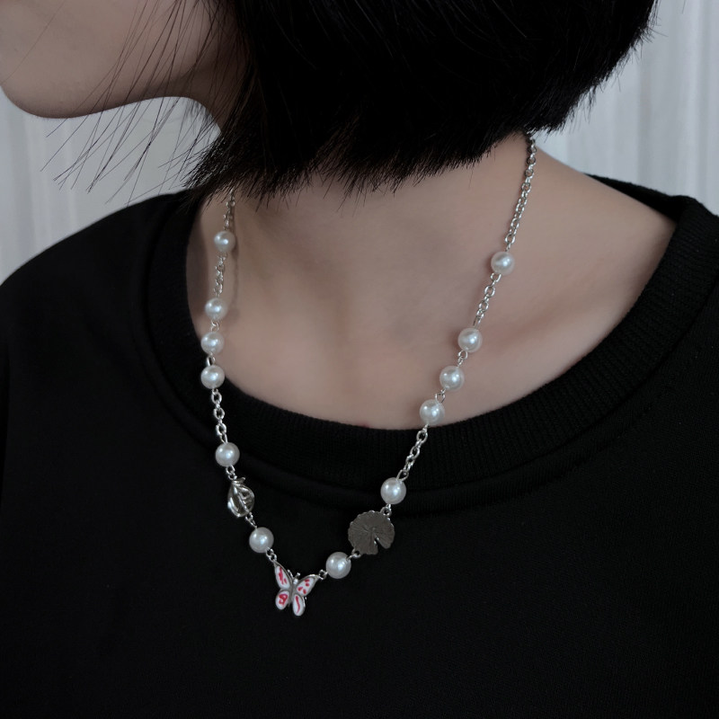 kansai血丝蝴蝶珍珠拼接项链冷淡个性小众酷潮项链