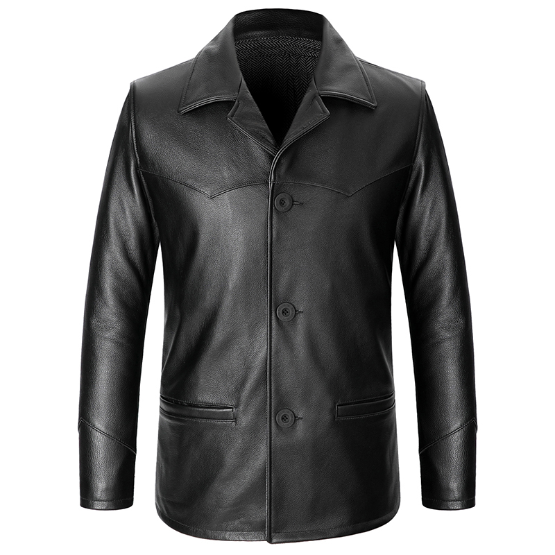 新款阿美咔叽 中长款头层牛皮真皮皮衣男 单排扣西装领皮夹克外套