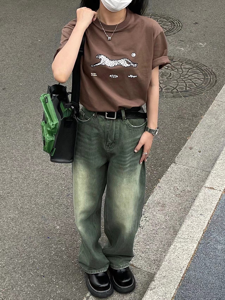 复古绿色牛仔裤女秋冬加绒大码胖mm直筒高腰显瘦宽松阔腿拖地裤潮