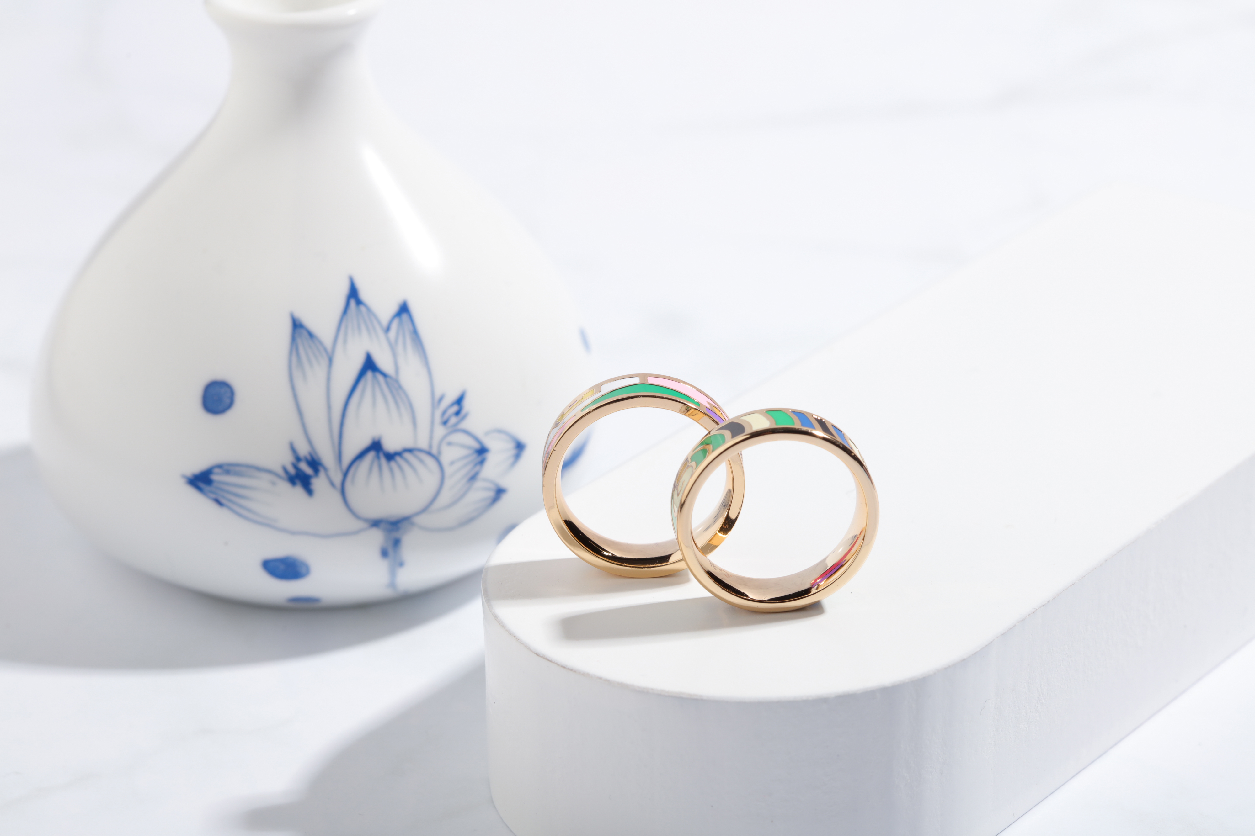 心礼江南原创古风珐琅彩钛荷叶设计文艺三个戒指