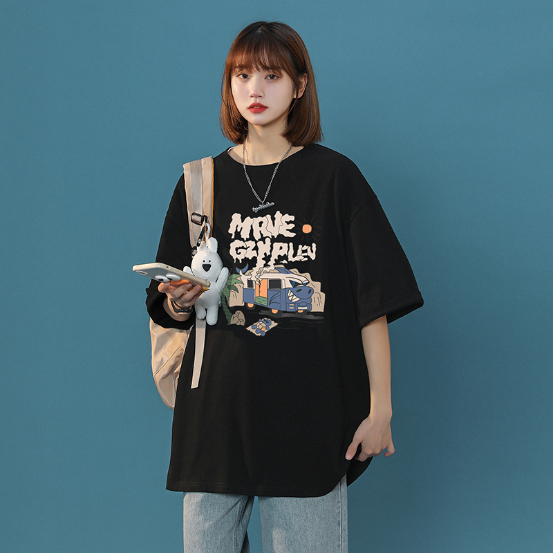 短袖t恤女潮ins港风夏2022新款美式复古纯棉oversize情侣半袖上衣