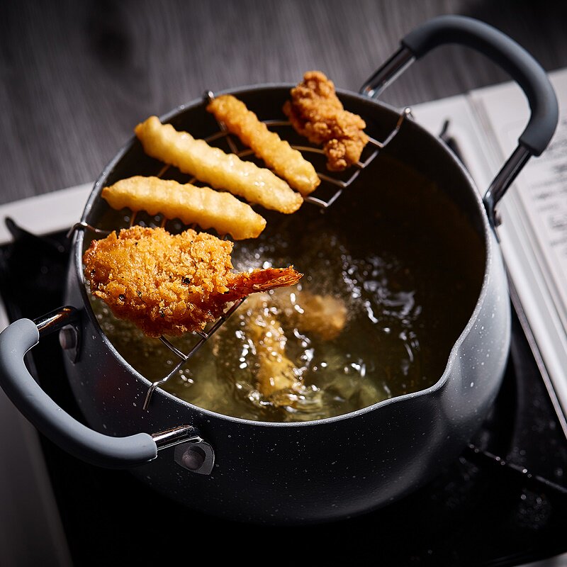 天妇罗油炸锅家用小炸锅麦饭石日式日本省油不粘电磁炉迷你炸油锅