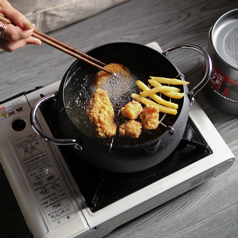 日式麦饭石天妇罗油炸锅家用迷你加厚日本小炸锅不粘油锅省油燃气
