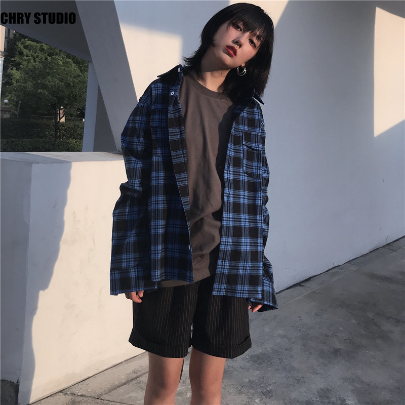 CHRY STUDIO春秋蓝黑口袋格子衬衫男女港风情侣条纹格子潮牌外套