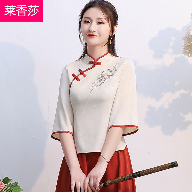 国风夏装棉麻盘扣茶服唐装套装女中上衣