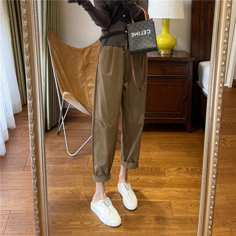 卡其色工装裤女夏季薄款九分哈伦裤复古高腰阔腿休闲裤萝卜奶奶裤