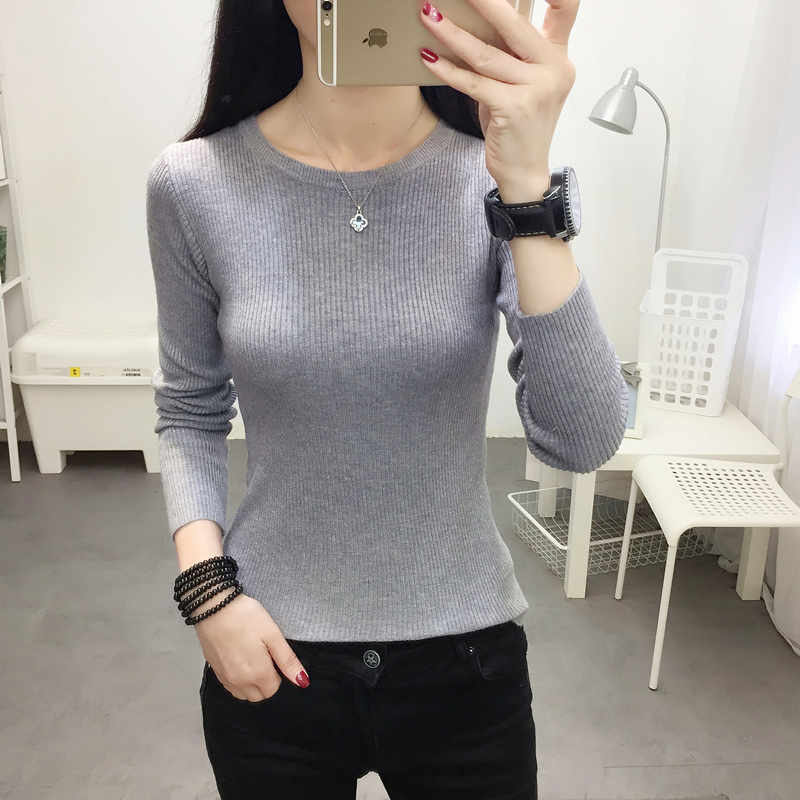2021春秋新款韩版修身圆领毛衣女秋冬套头短款紧身长袖打底针织衫