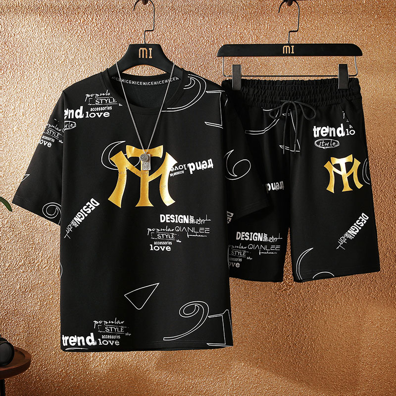 短袖t恤男士夏季宽松运动套装潮牌大码男装薄款衣服短裤帅气夏装